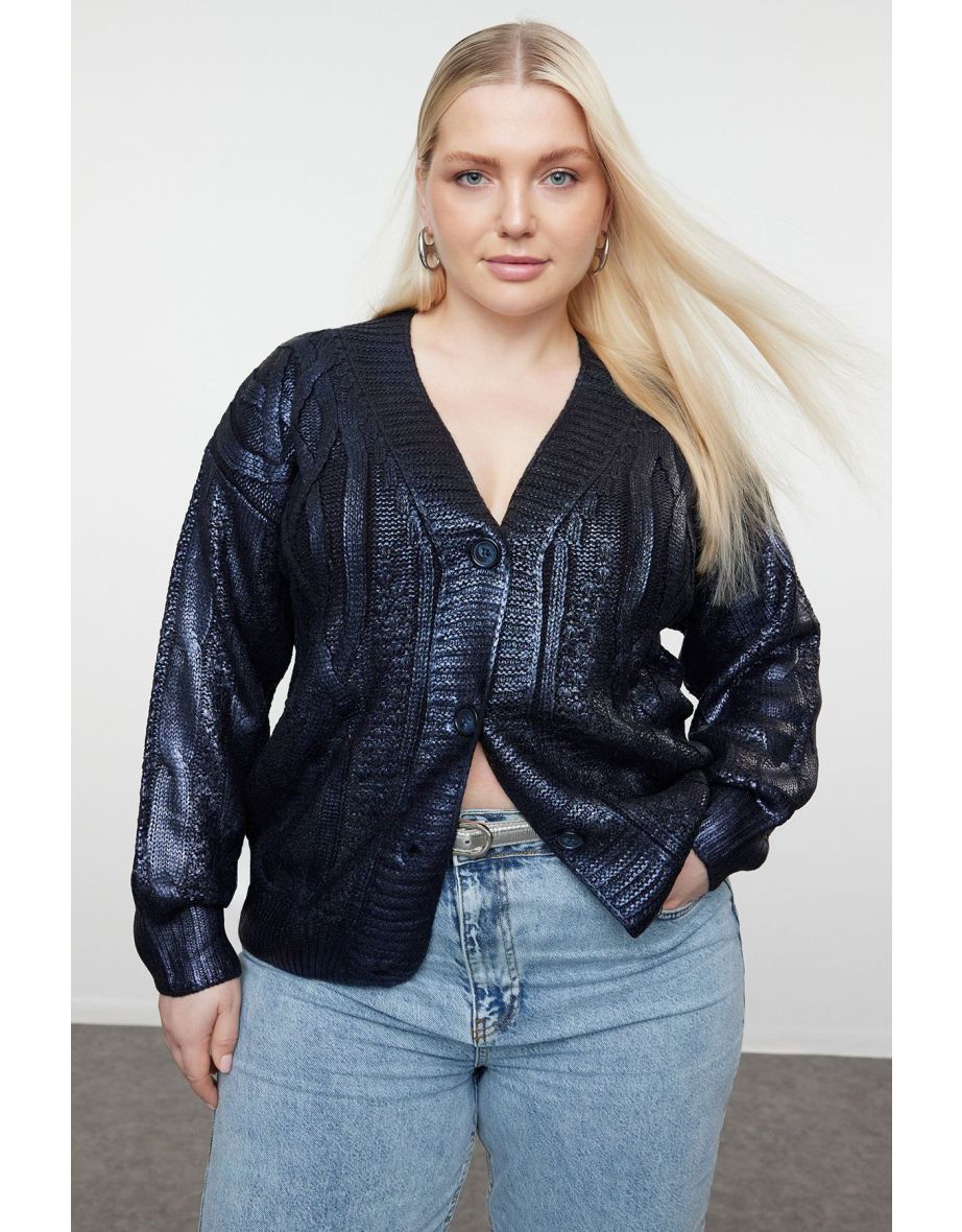 Navy Blue Coated Hair Braided Knitwear Cardigan