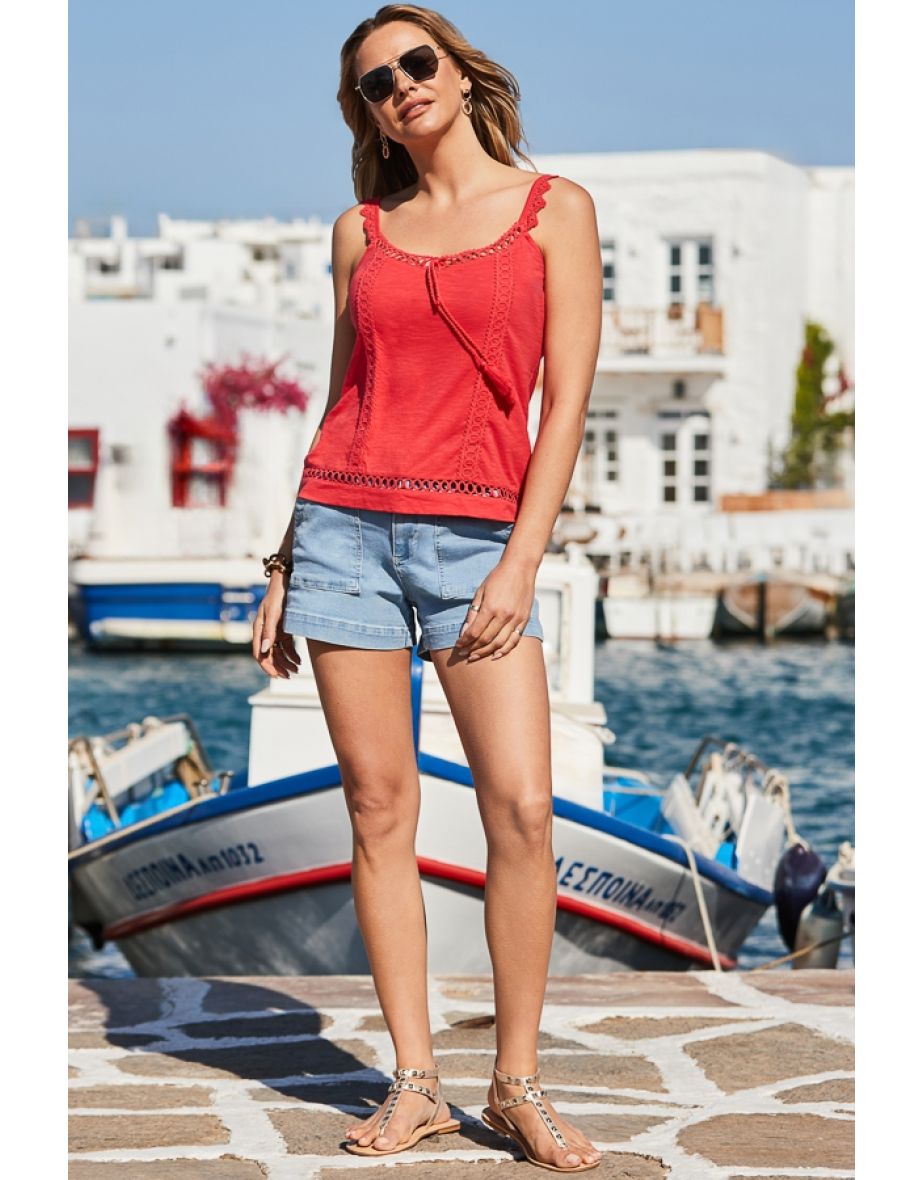 Coral Broderie Trim Tassel Detail Top - 4
