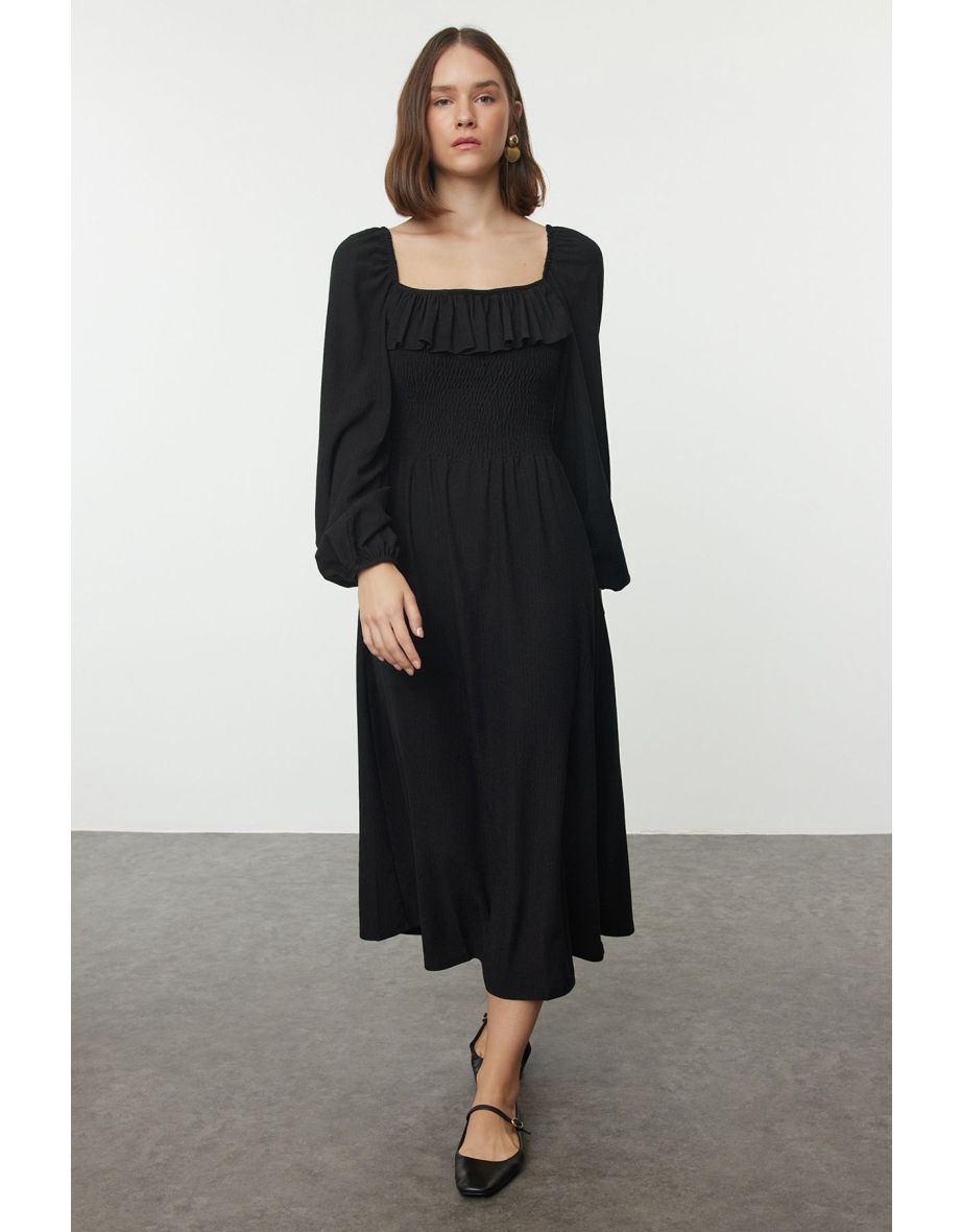 Black Ruffle/Drape Detailed Long Sleeve Ruffle/Textured Fabric Knitted Dress