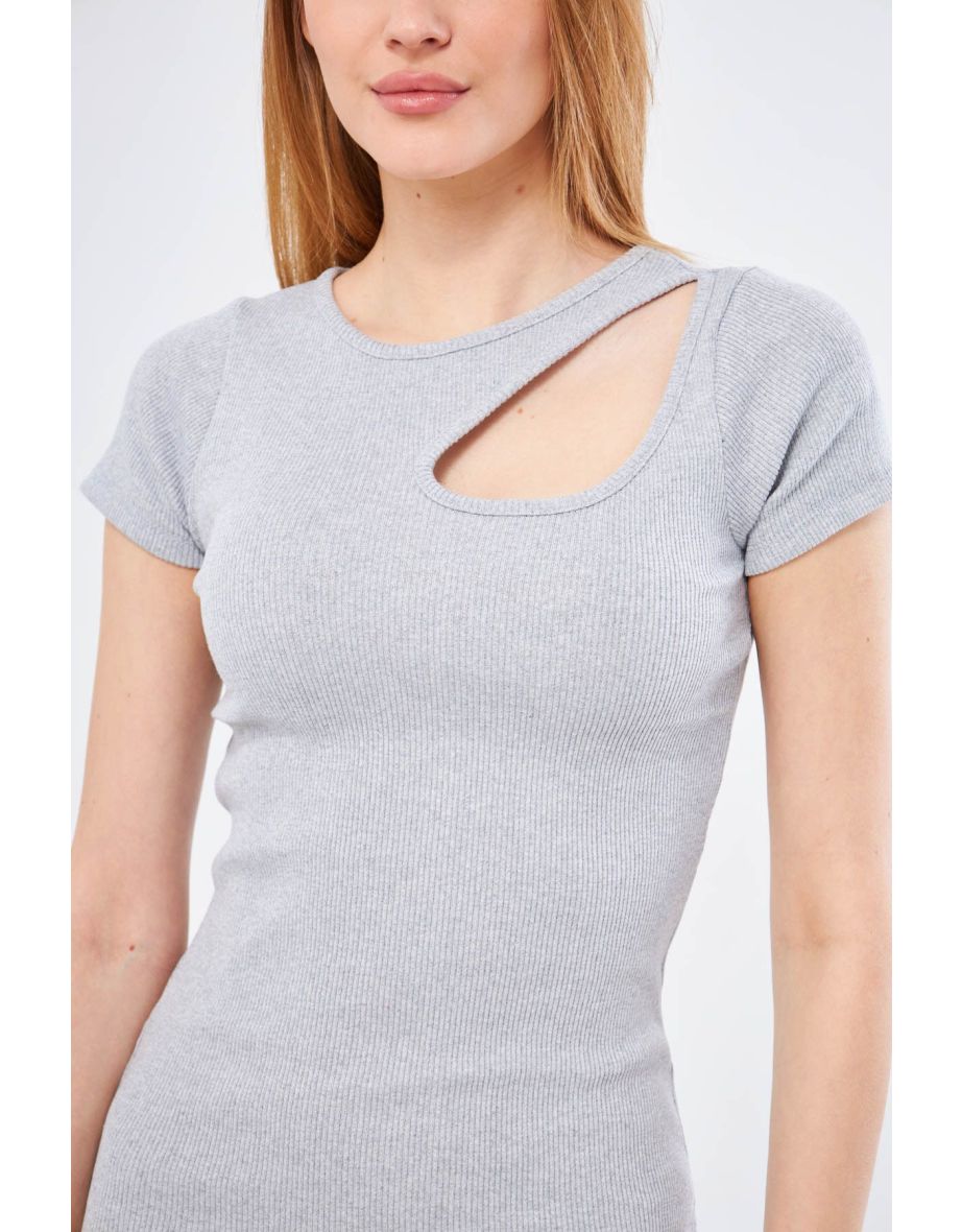 Women's Gray Collar Windowed Short Sleeve Dress - 3