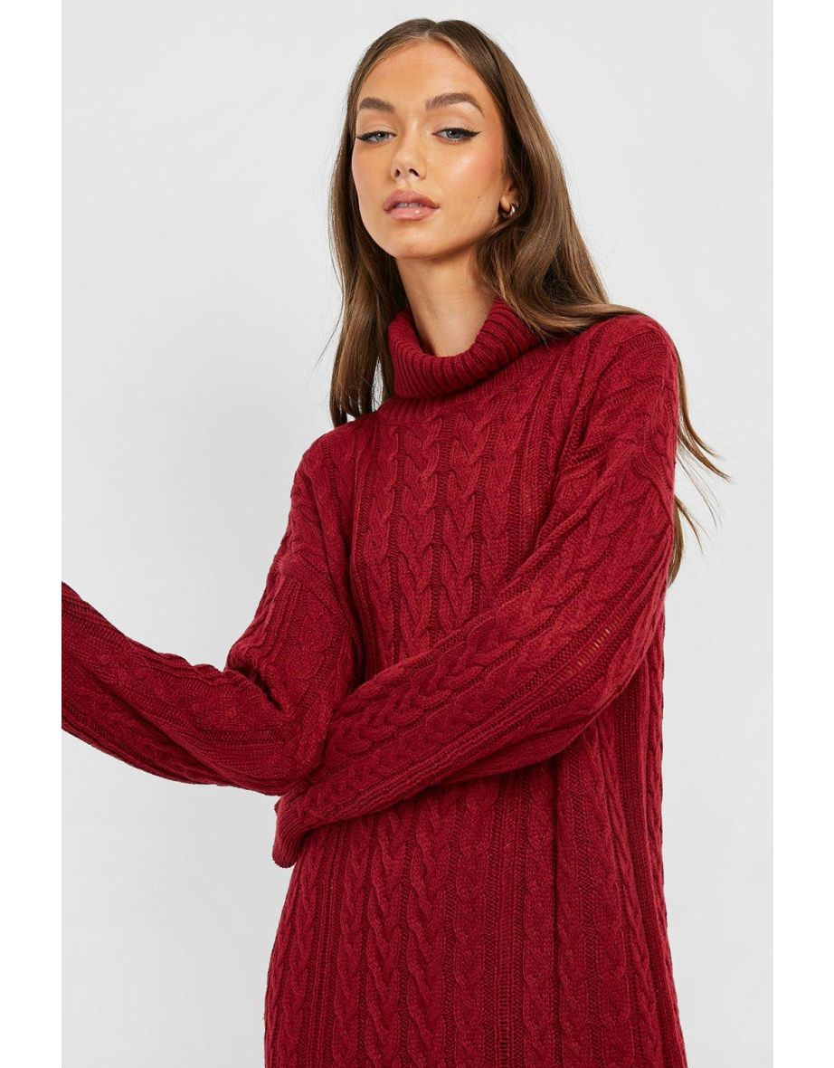 Cable Knit Roll Neck Midi Dress - dark red - 3