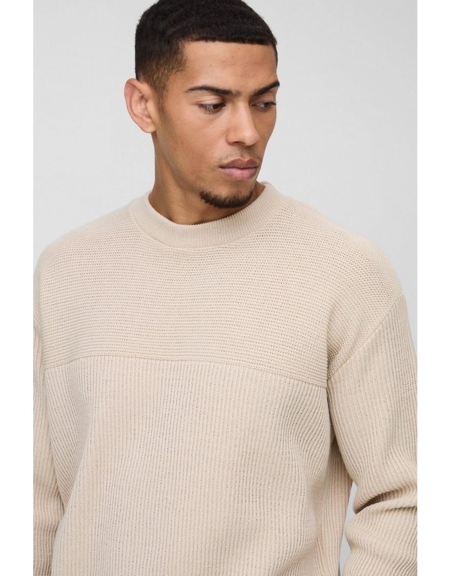 Relaxed Fit Extended Neck Ribbed Knit Panel Jumper - stone - 2