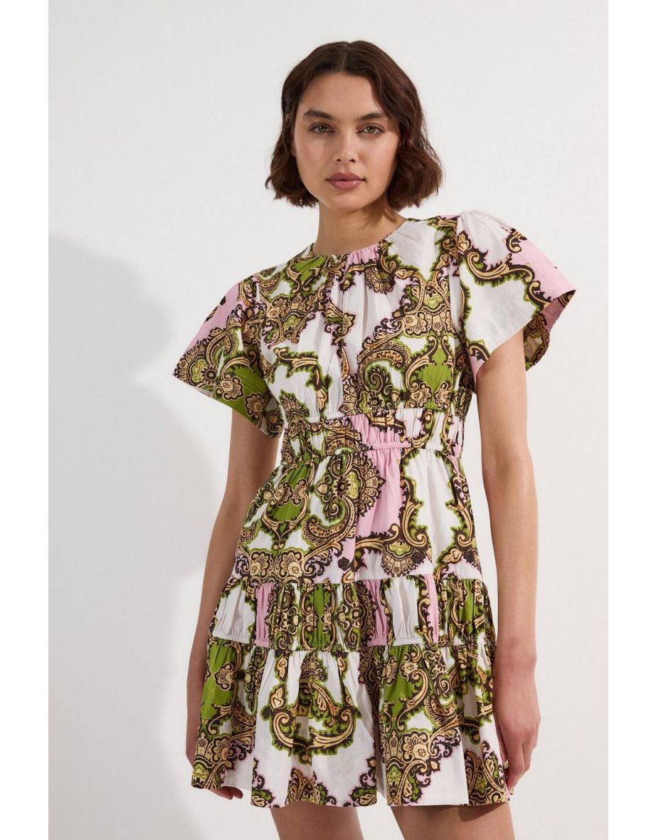 Tall Shirred Cotton Tiered Tile Print Woven Mini Dress