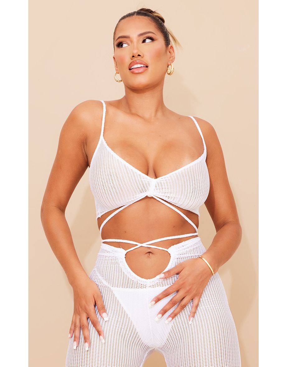 Shape White Sheer Textured Knot Front Crop Top