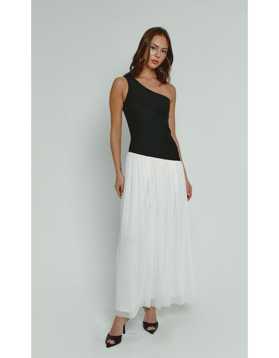 Black & White Bandage One-Shoulder Maxi Dress