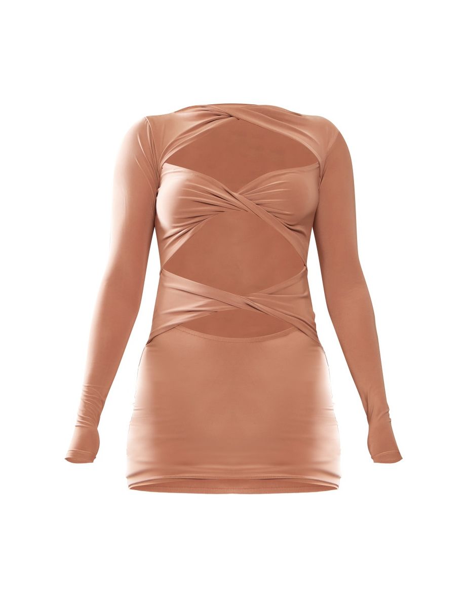Petite Taupe Cut Out Long Sleeve Mini Bodycon Dress - 4