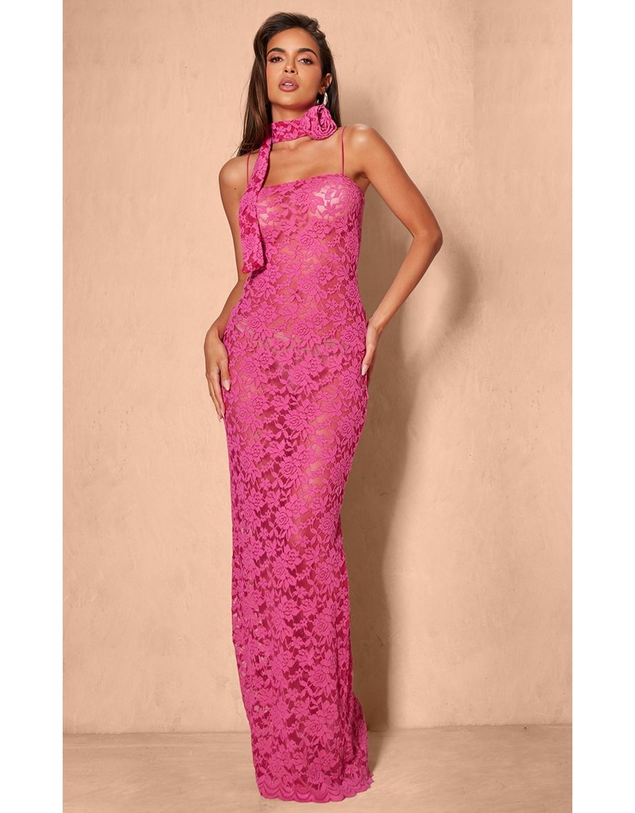 Hot Pink Lace Cup Detail Maxi Dress