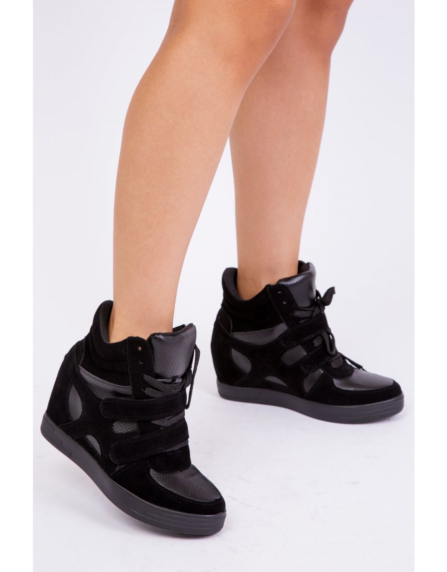 HITOP WEDGE TRAINERS WITH A FRONT LACE UP AND VELCRO IN BLACK - 1