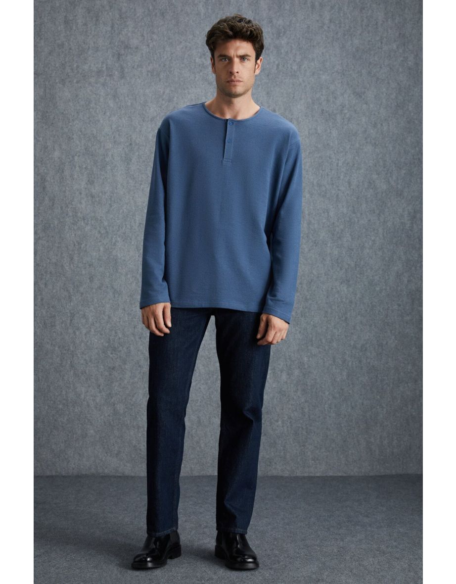 Lorenzo Men's Special Rustic Texture 100% Organic Cotton Button Detailed Regular Indigo Sweatshirt
