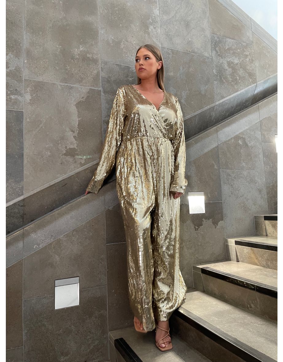 Glamorous Curve Gold Sequin Jumpsuit
