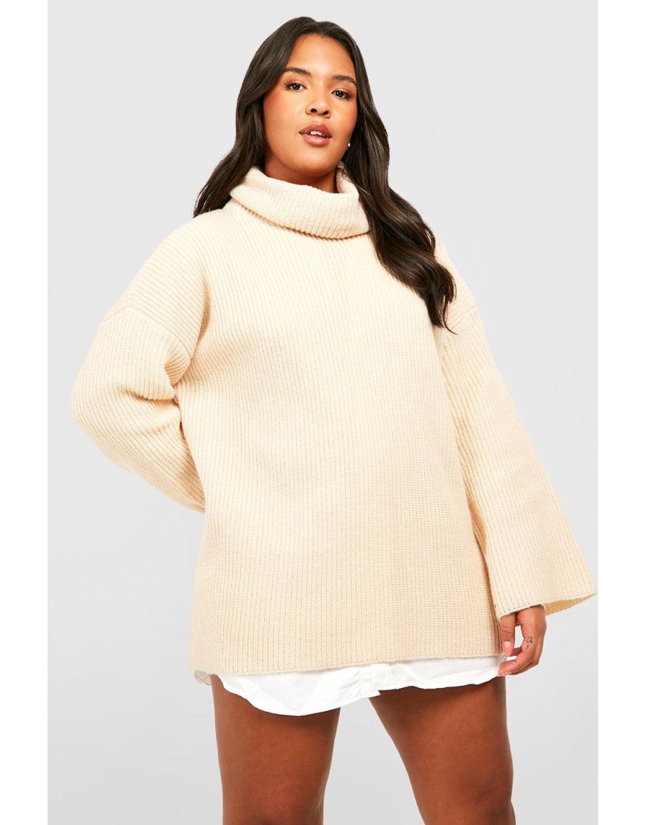 Plus Chunky Knit Roll Neck 2 In 1 Shirt Dress - stone