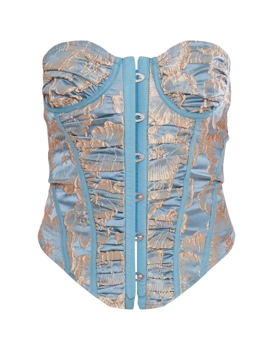 Blue Jaquared Bandeau Ruched Detail Hook & Eye Corset - 4