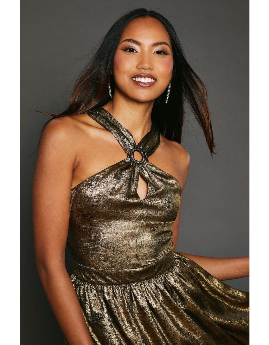 Metallic Halter Neck Midaxi Dress - gold - 3