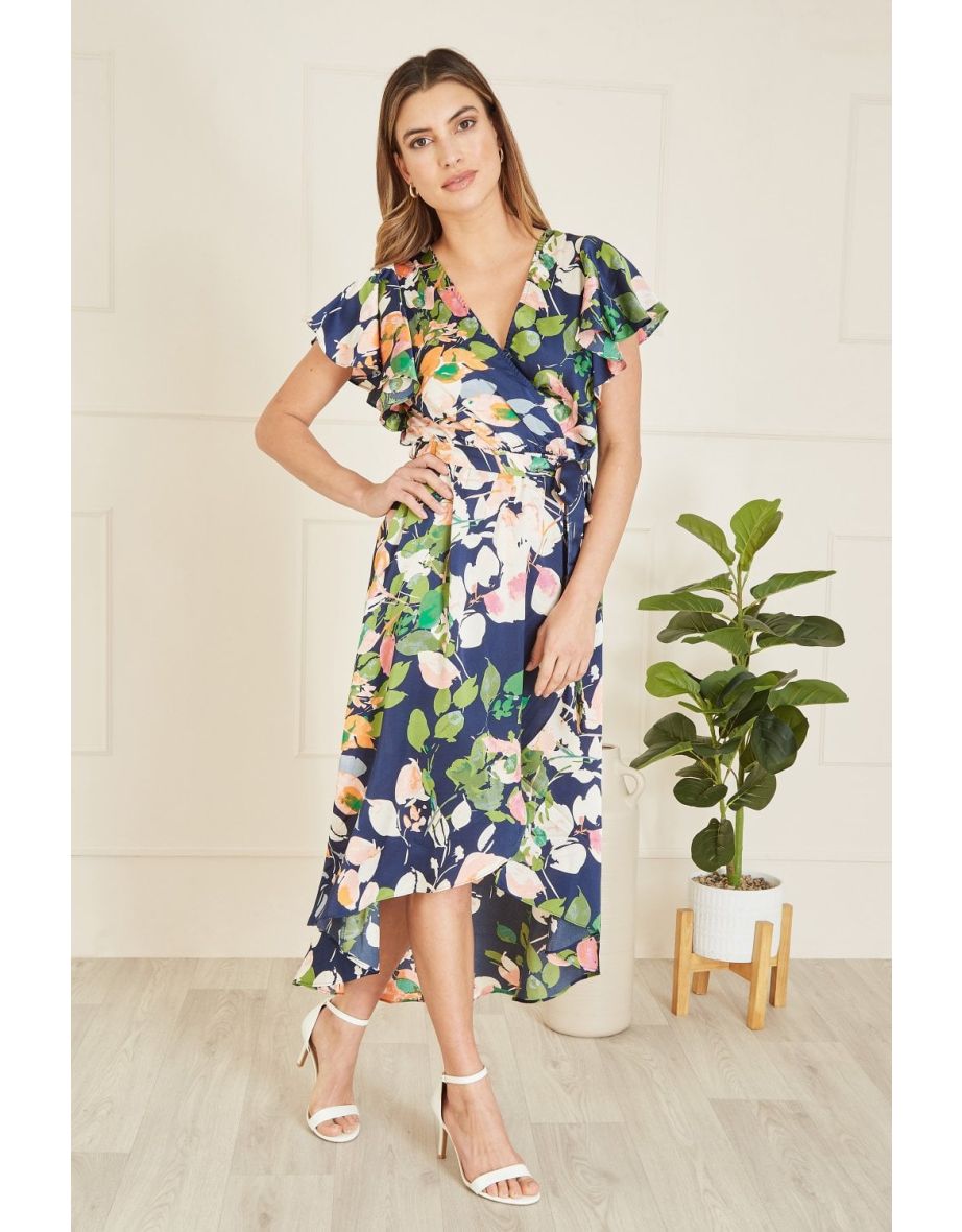 Shop Mela Navy Floral Satin Wrap Over Maxi Dress With Frill Sleeve Online in Bahrain VogaCloset