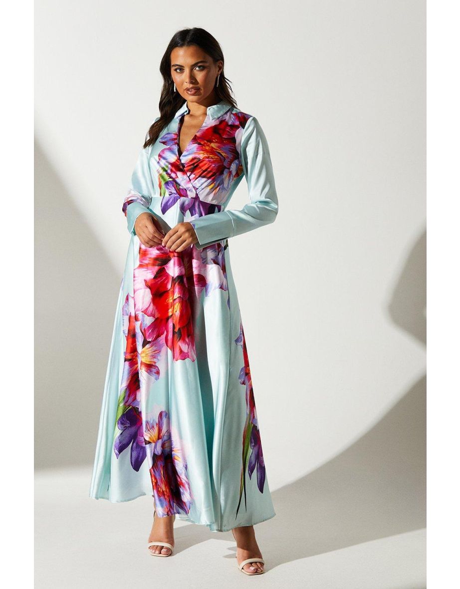 Placement Print Wrap Front Gown dress