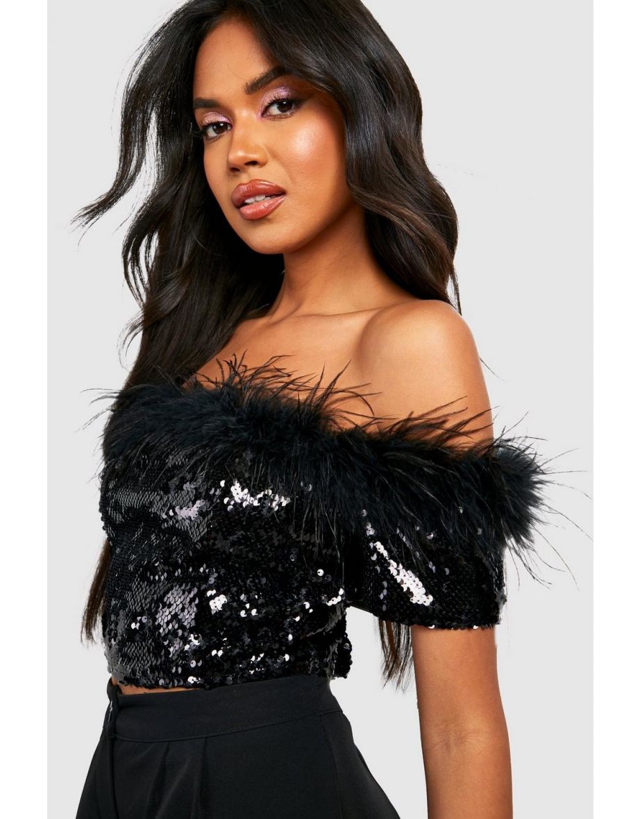 Iridescent Sequin Feather Trim Bardot Top - black - 3
