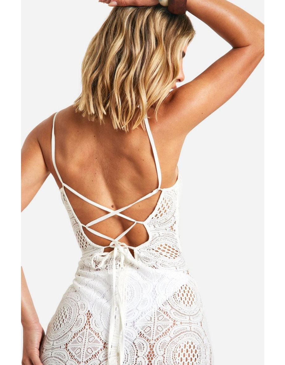 Crochet Beach Tie Back Strappy Mini Dress - ivory - 3