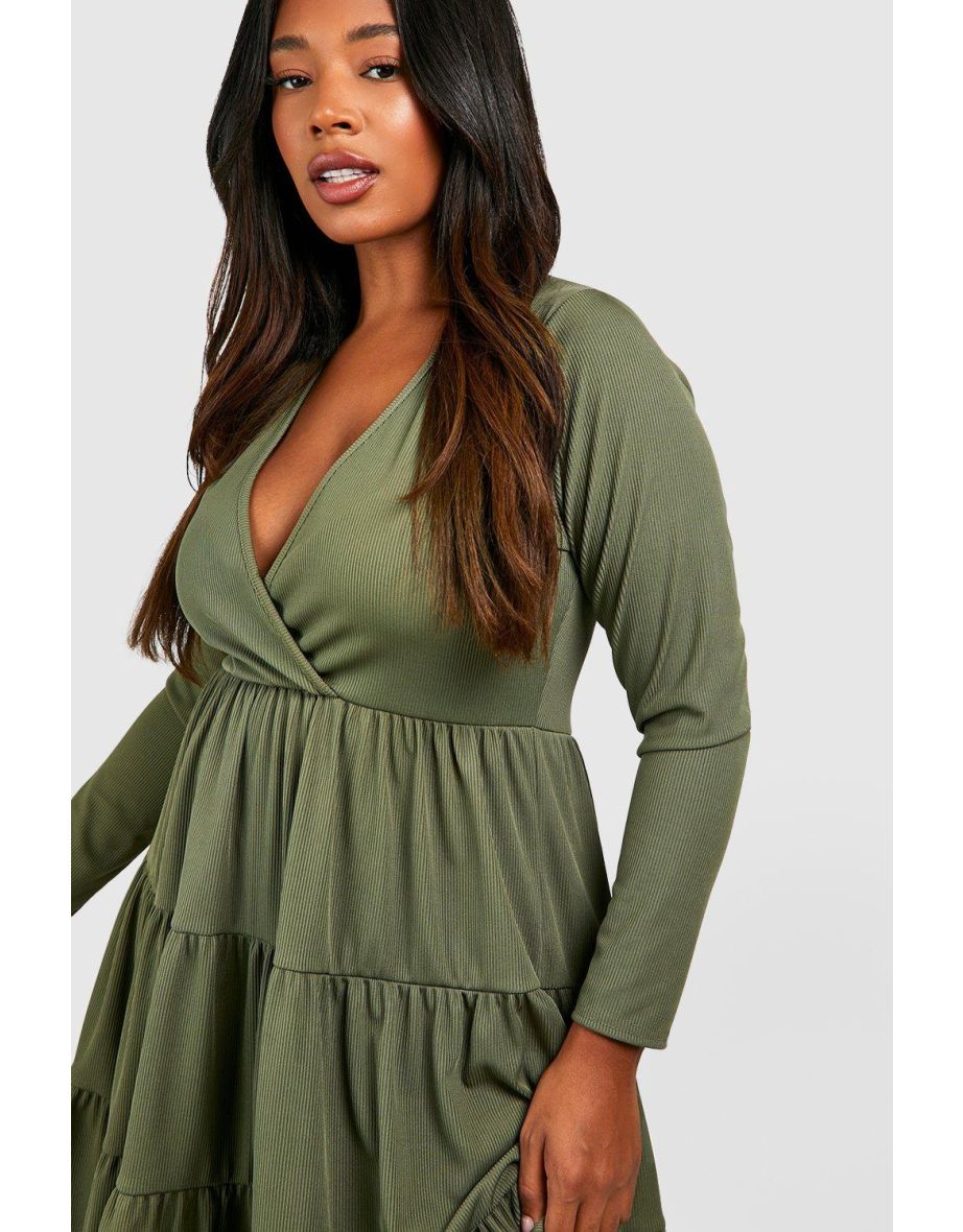Plus Rib Long Sleeve Tiered Smock Dress - 3