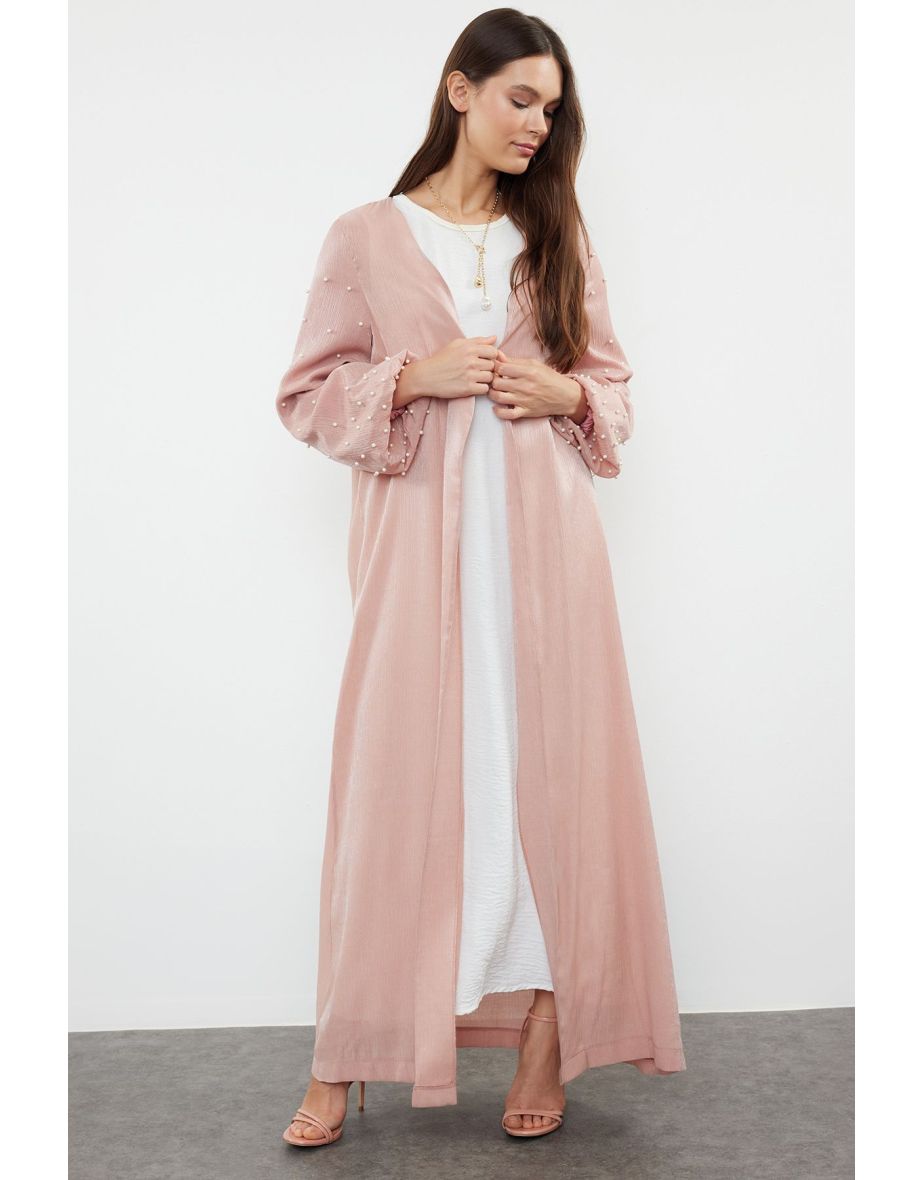 Dusty Rose Shiny Fabric with Pearl Detail Woven Cap & Abaya