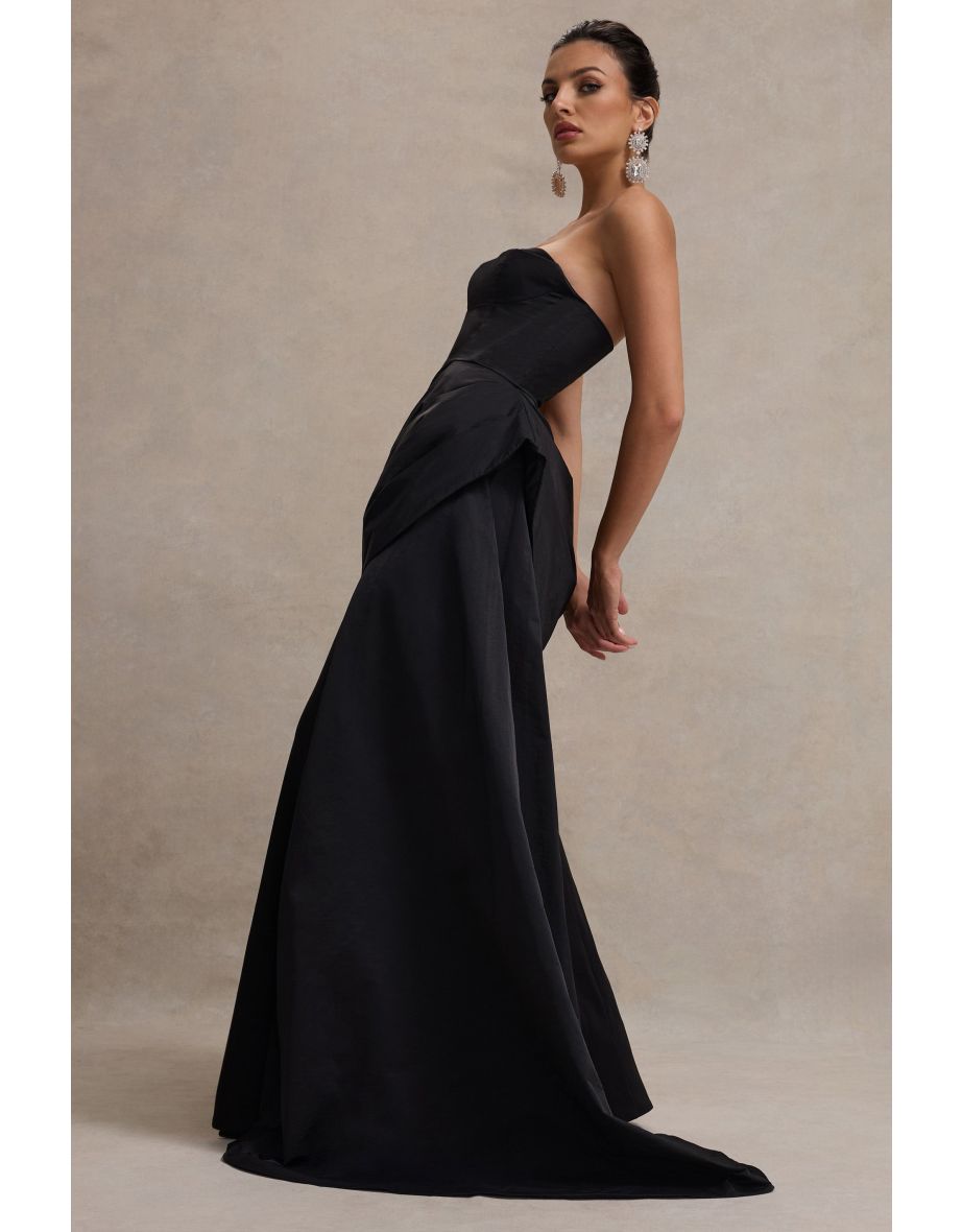 Fallen | Black Strapless Corset Maxi Dress With Drape - 7