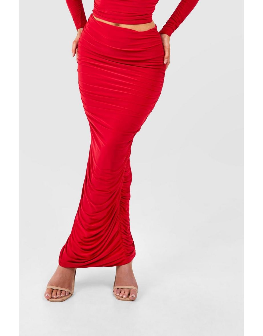 Ruched Slinky Maxi Skirt - red - 3