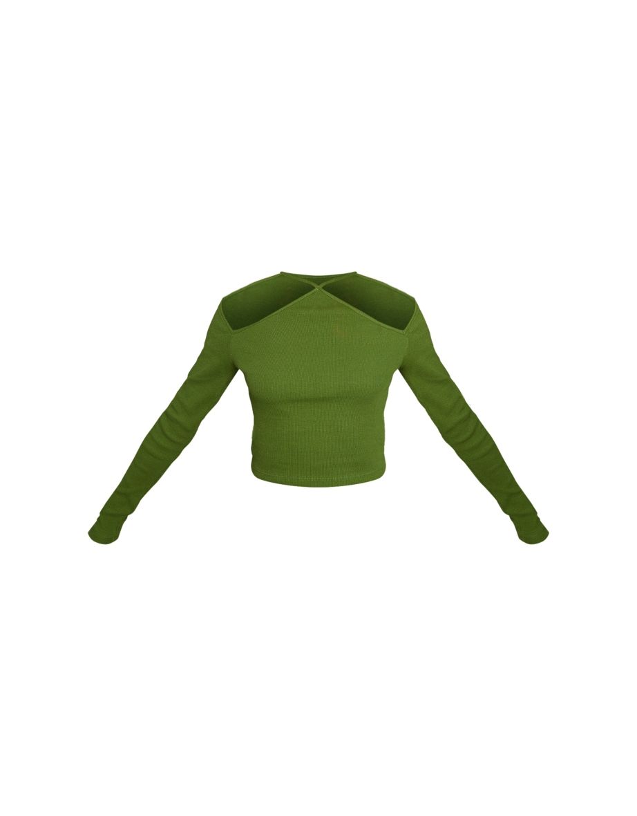 Khaki Rib Cut Out Shoulder Long Sleeve Top - 4