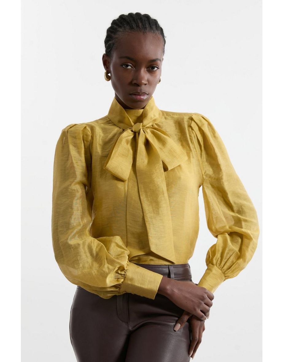 Yellow pussybow blouse cheap