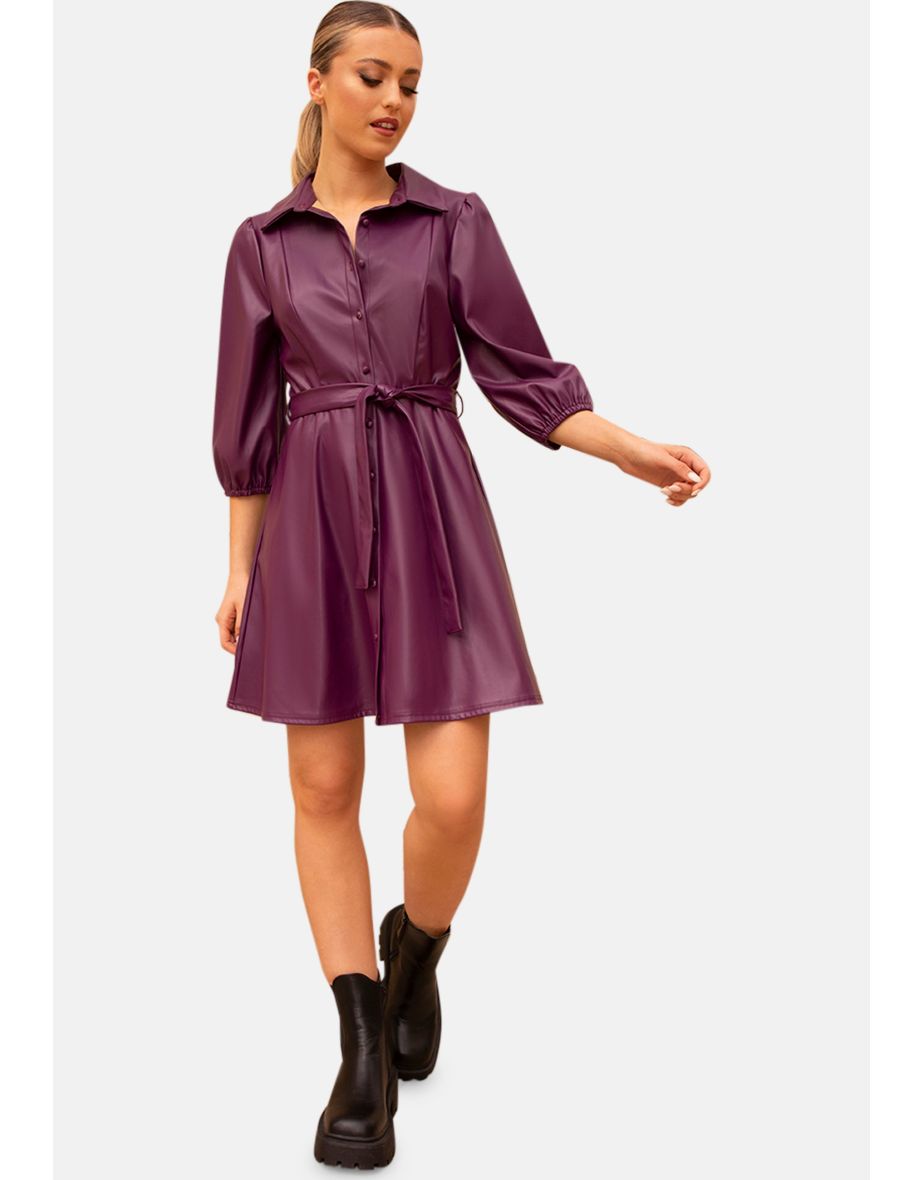 Balloon Sleeve Faux Leather Shirt Dress in Purple - 9
