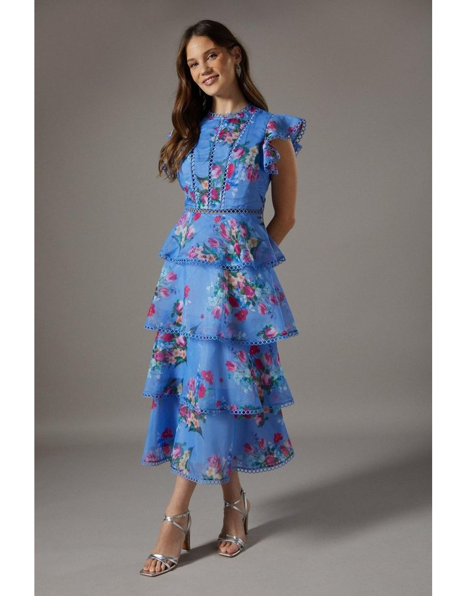 Lace Trim Tiered Organza Midi Dress