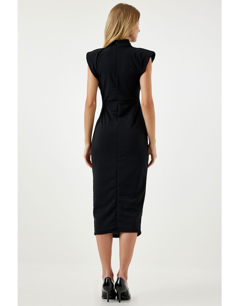 Women's Black Elegant Brooch Gathered Wrap Knitted Dress - 4