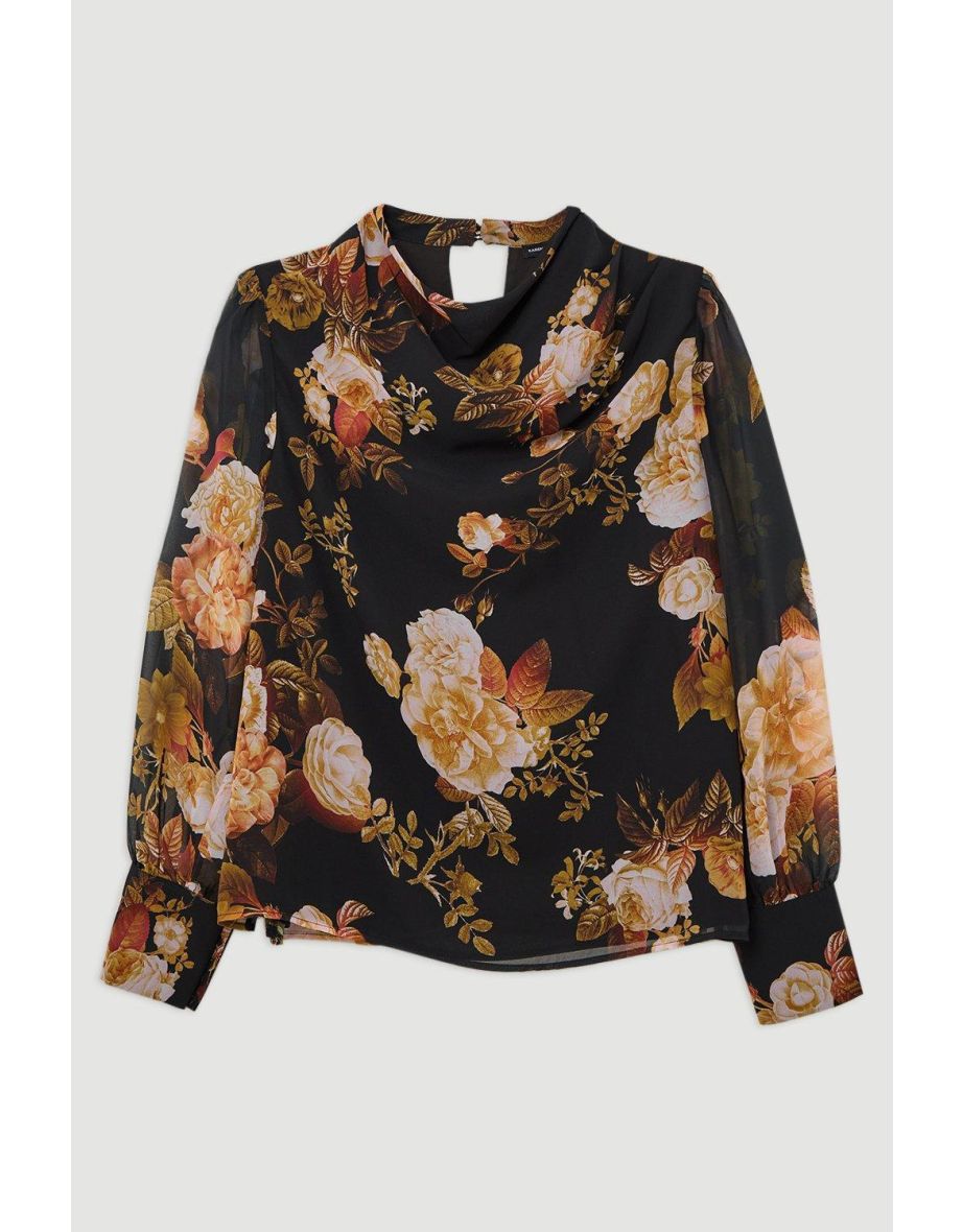 Plus Size Floral Georgette Balloon Sleeve Blouse - 3