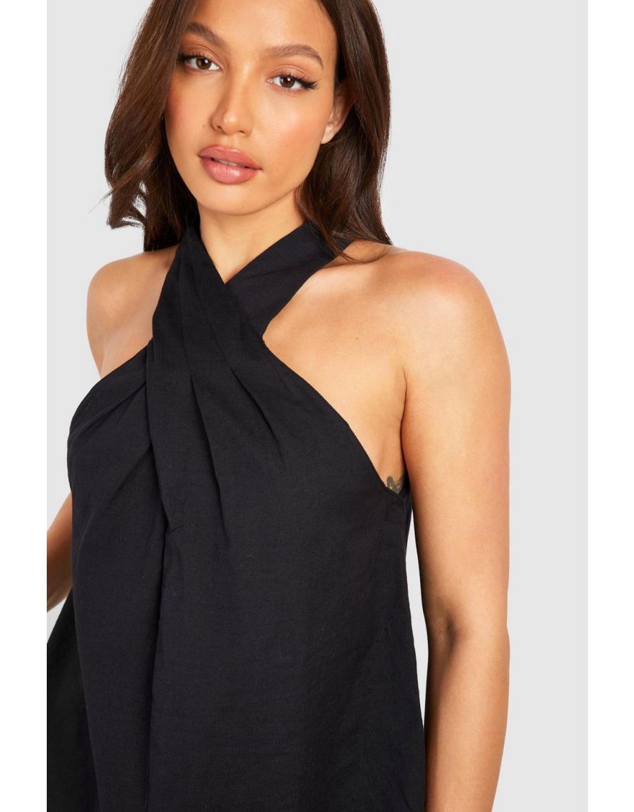 Tall Halter Pleat Linen Shell Top - black - 3