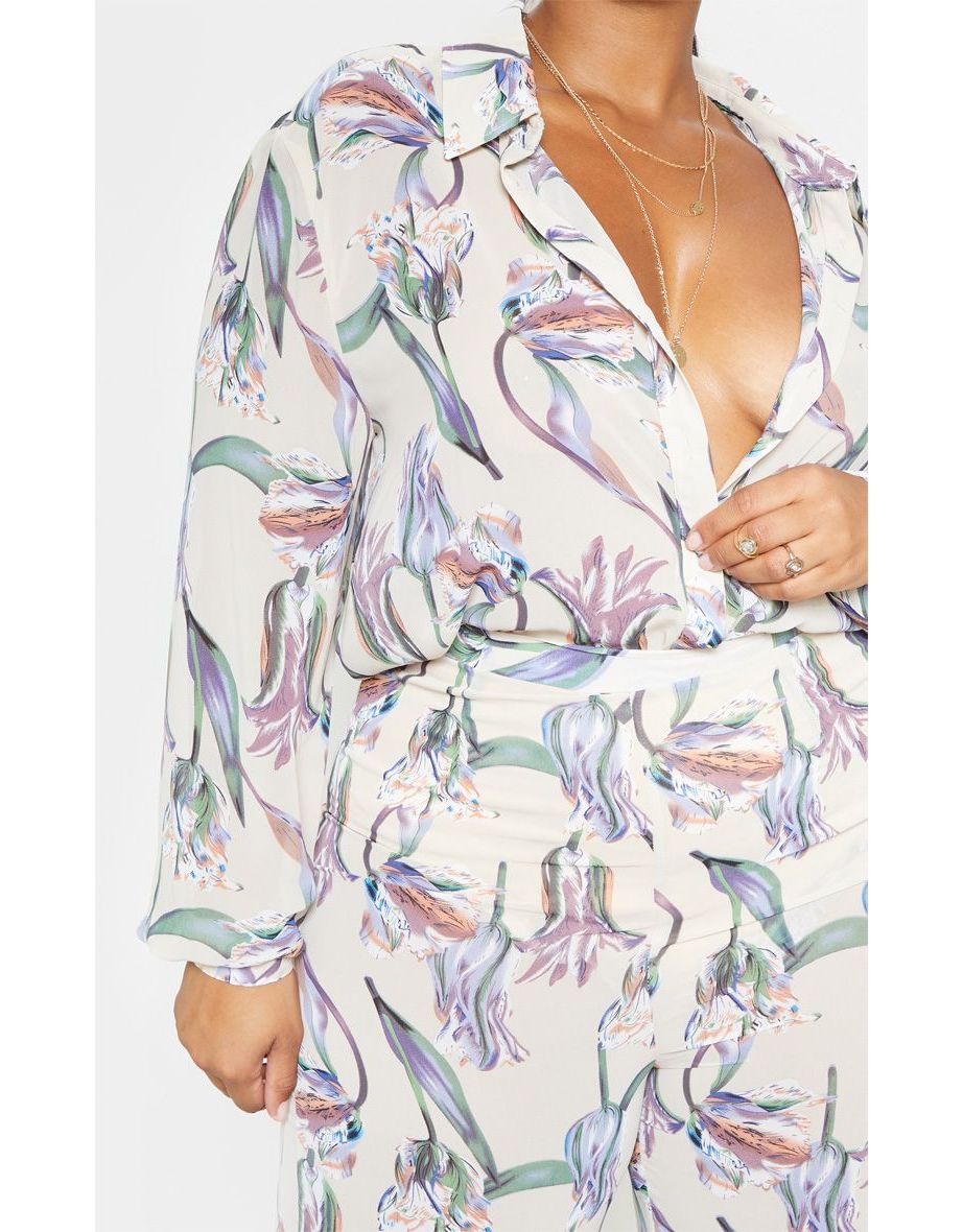 Plus Dusty Pink Satin Floral Oversized Shirt - 4