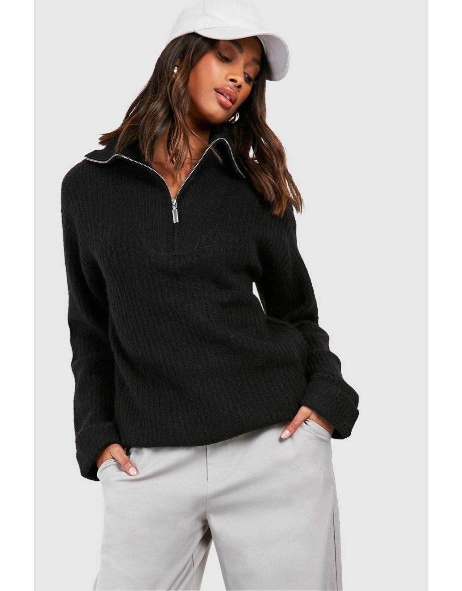 Half Zip Funnel Neck Jumper - black
