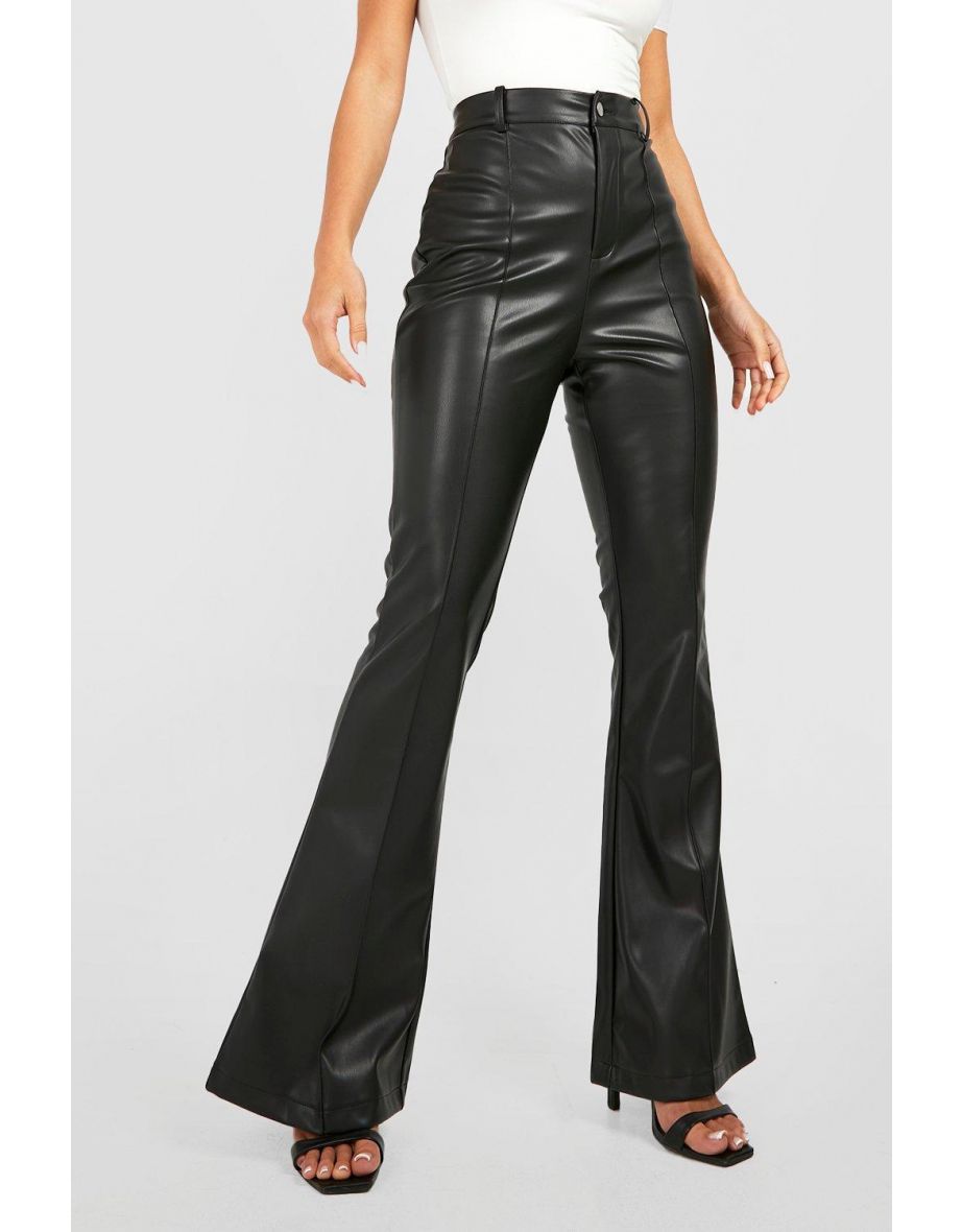 Leather Look Tailored High Waisted Flared Trousers - black - 3