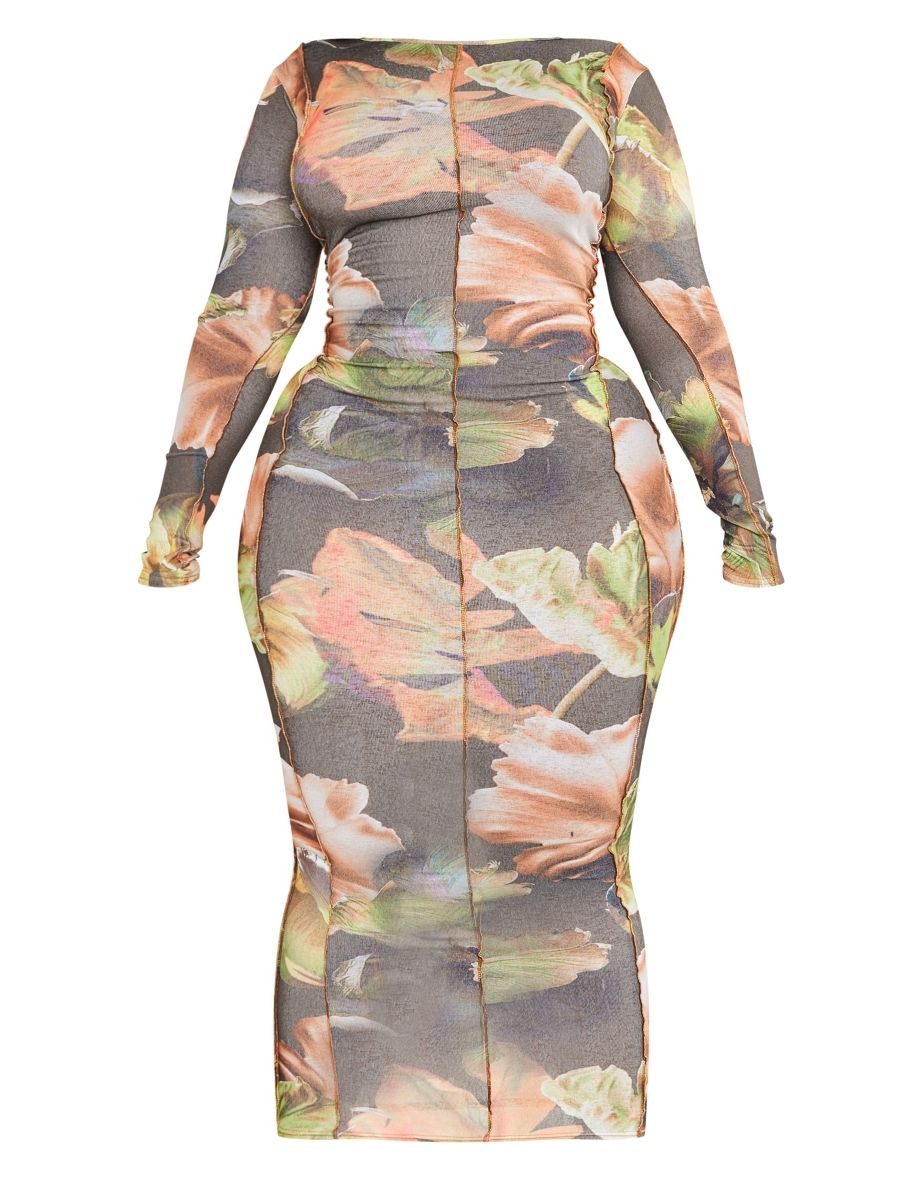 Plus Khaki Multi Floral Print Overlock Detail Long Sleeve Maxi Dress - 4