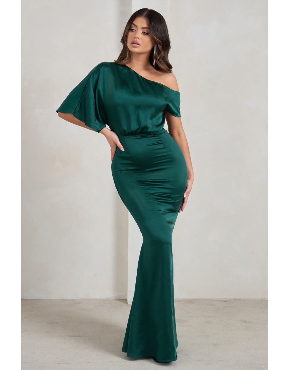 Sabrina | Bottle Green Asymmetric Off The Shoulder Satin Maxi Dress - 4