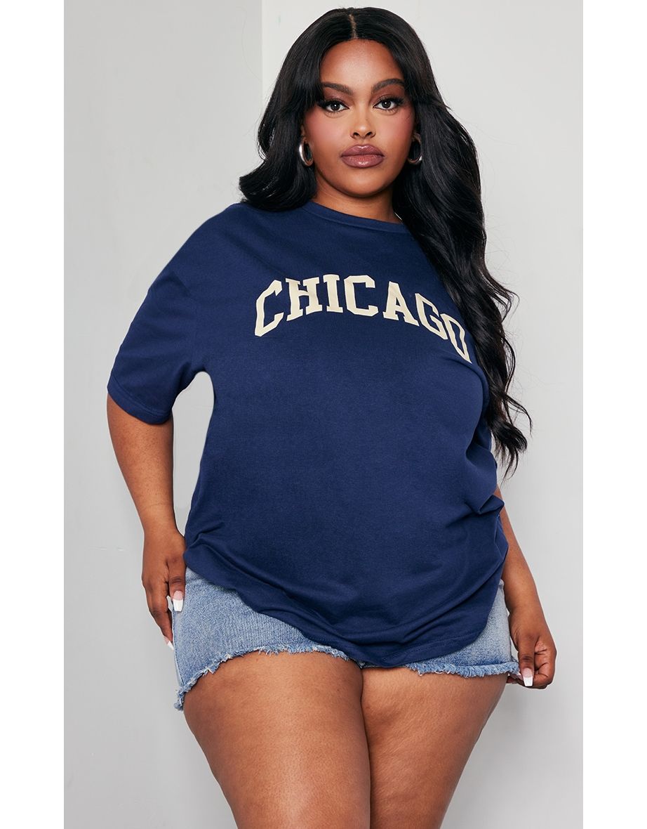 Plus Navy Chicago Oversized Slogan T Shirt