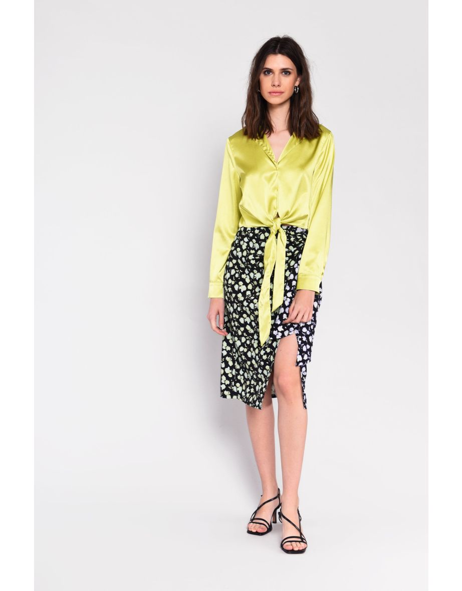 Glamorous Lime Satin Tie Button Front Cropped Shirt
