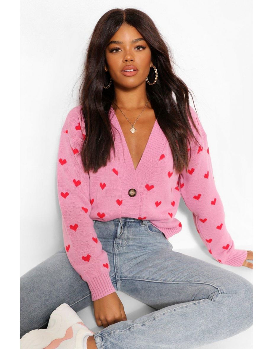 Heart Print Crop Cardigan - pink