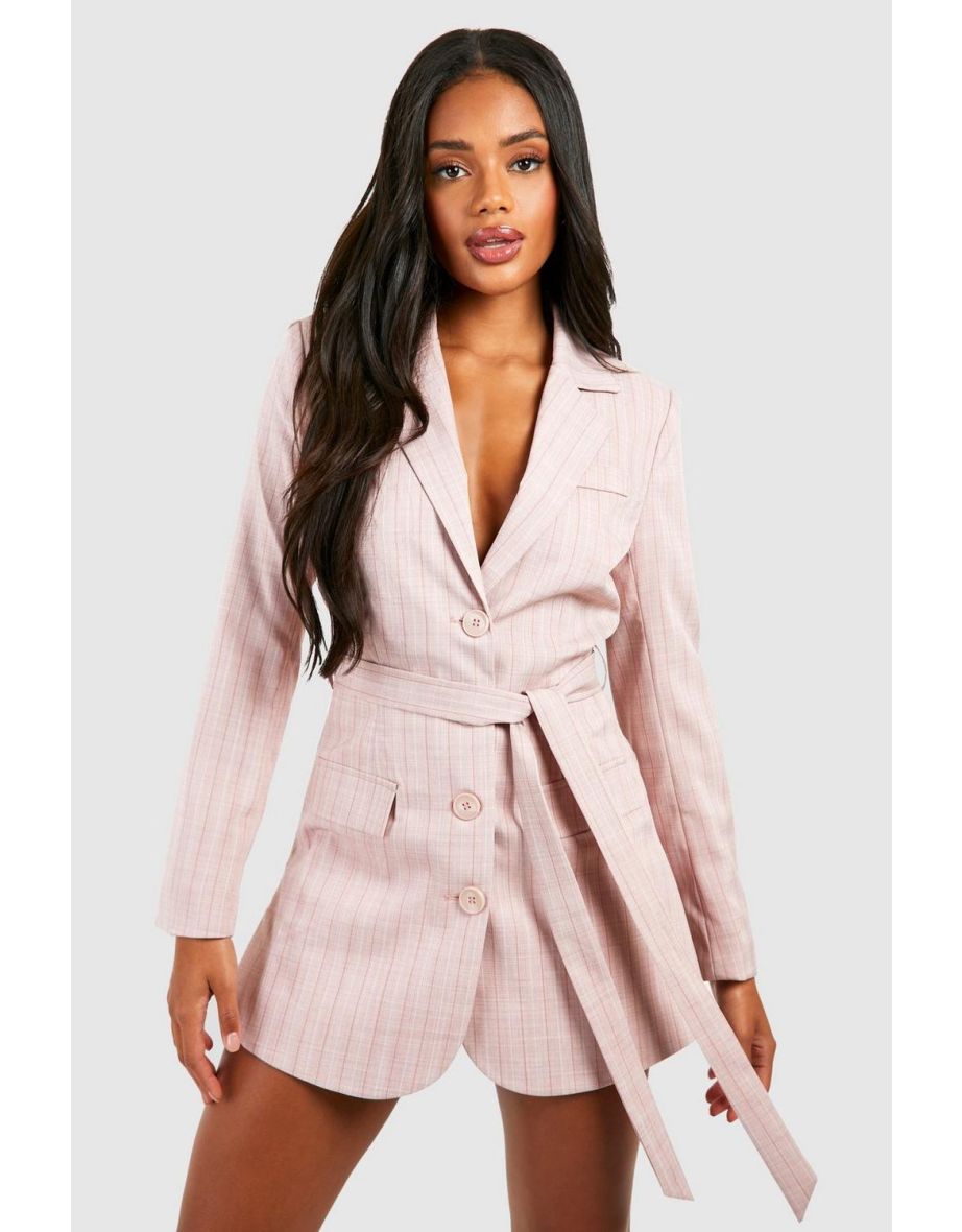 Shop Pinstripe Belted Tailored Blazer Playsuit pink Online in Oman VogaCloset