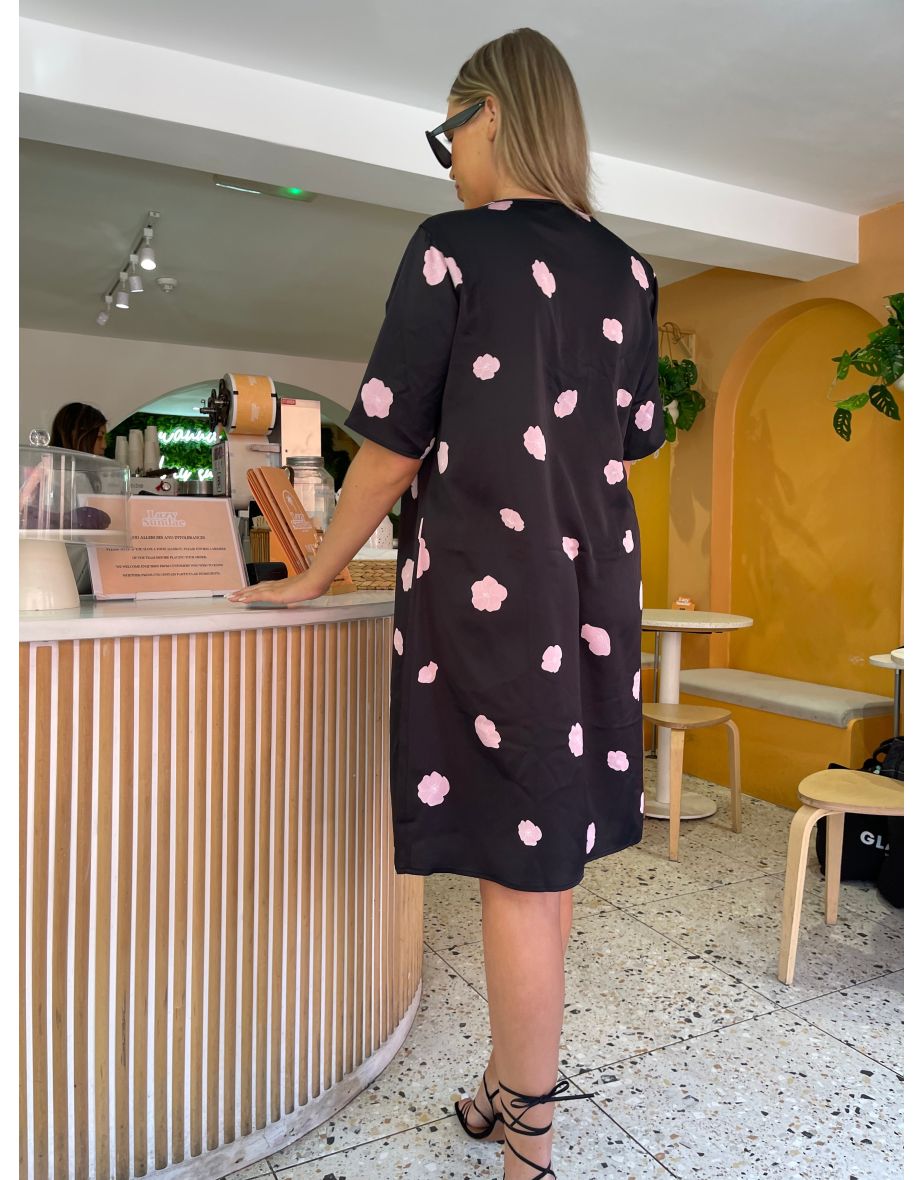 Black Floral Satin T-Shirt Mini-Dress - 4
