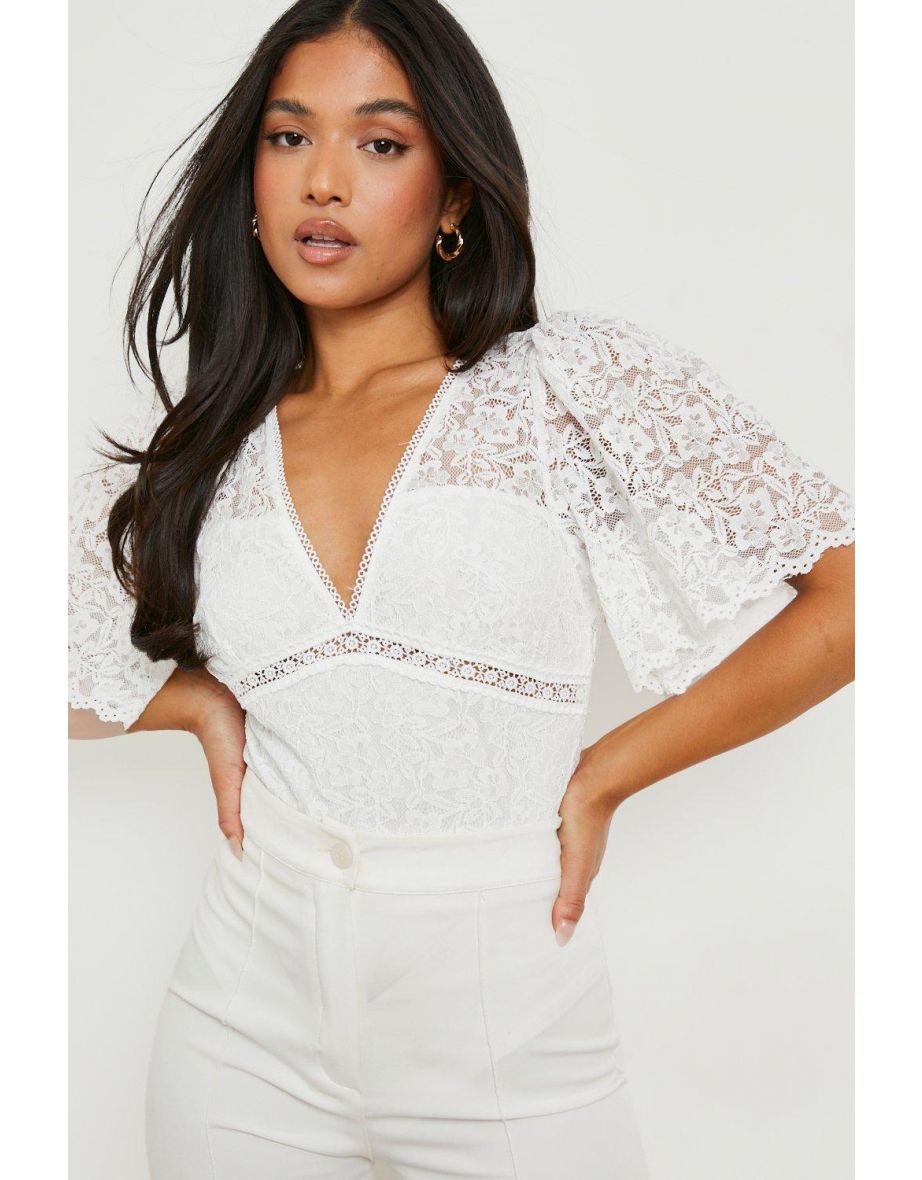 Petite Lace Short Sleeve Bodysuit - white - 3