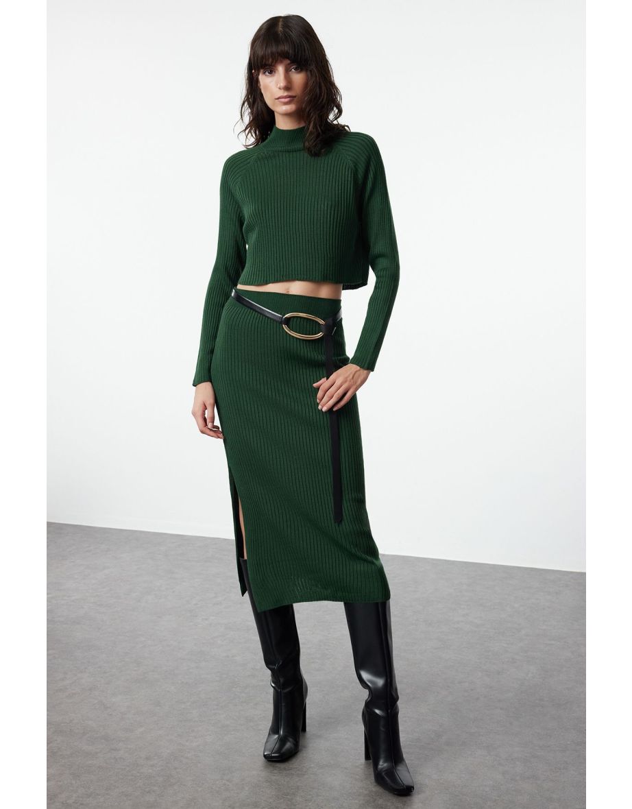 Emerald Green Crop Basic Skirted Knitwear Top-Bottom Set