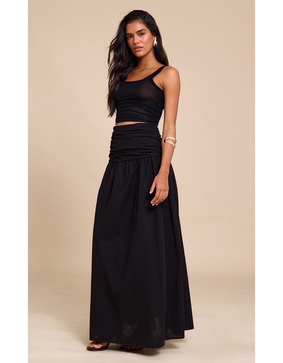 Black Cotton Ruched Waist Maxi Skirt