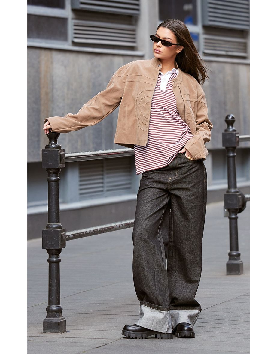 Sand Faux Suede Embossed Biker Jacket