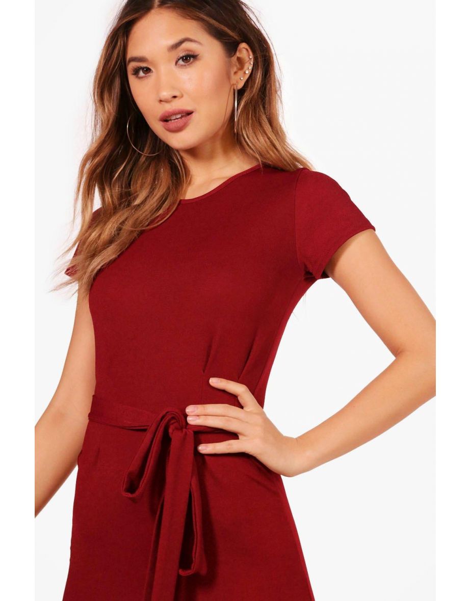Pleat Front Belted Tailored Midi Dress - burgundy - 3