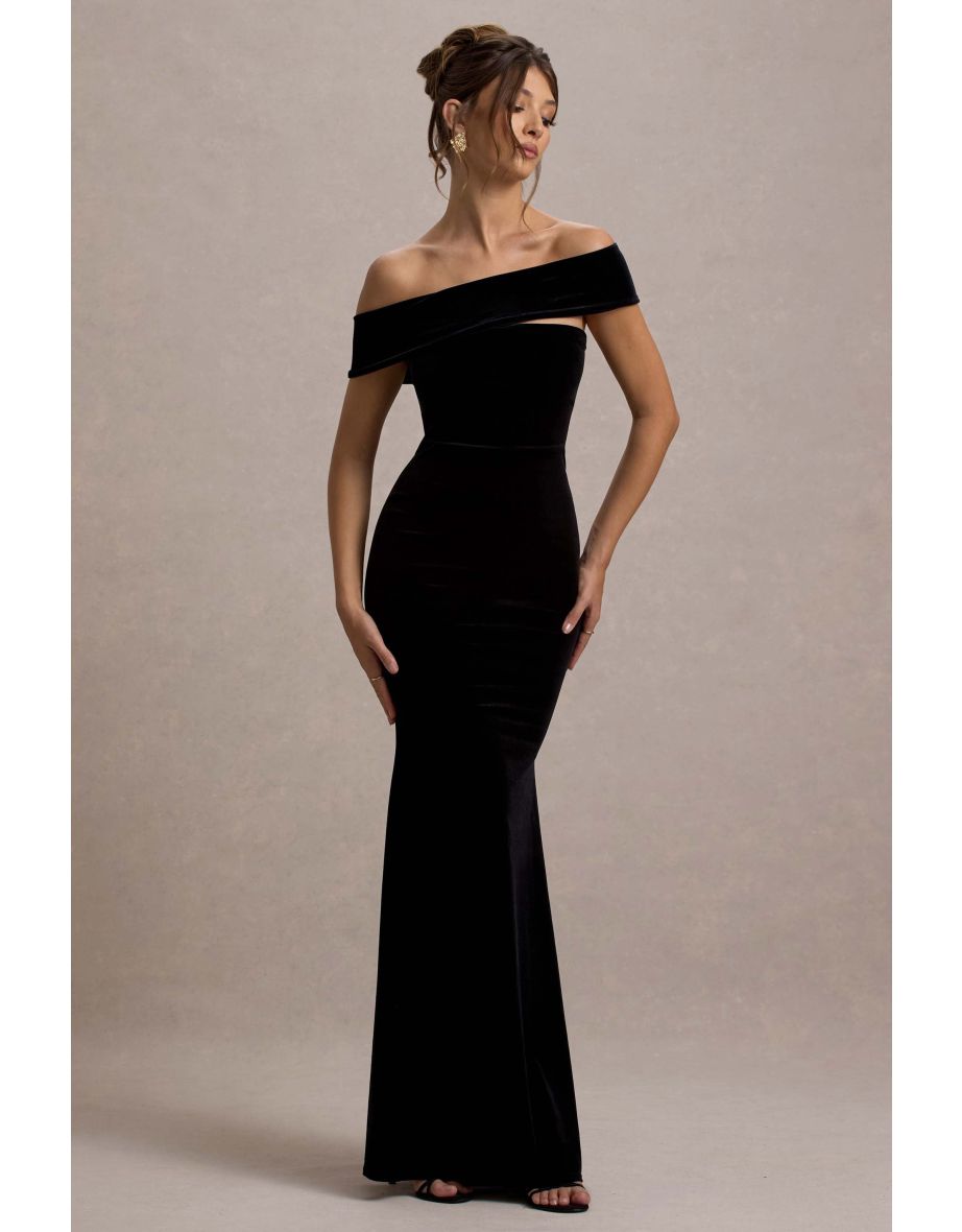 Candela | Black Velvet Asymmetric Bardot Maxi Dress