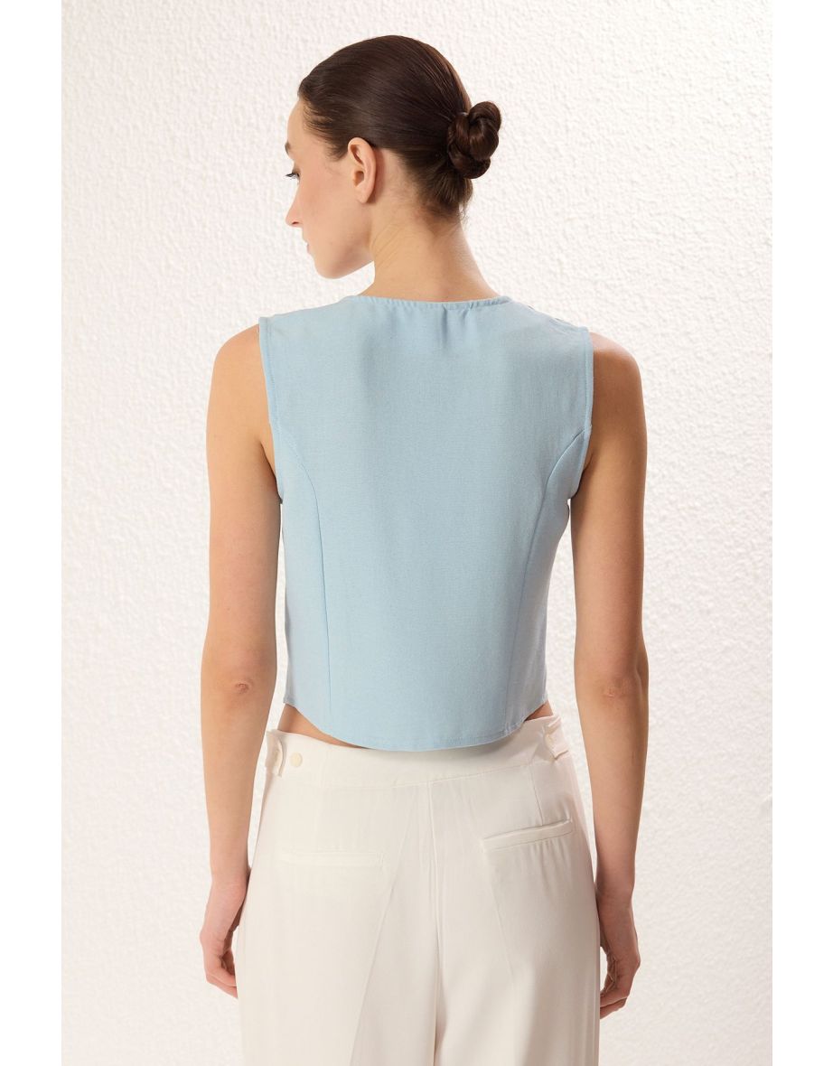 Blue Regular Cotton Crop Linen Woven Waistcoat - 4
