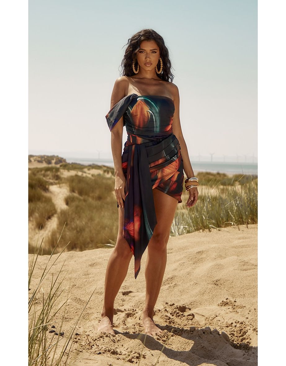 Premium Multi Tie Dye Draped One Sleeve Bodycon Dress
